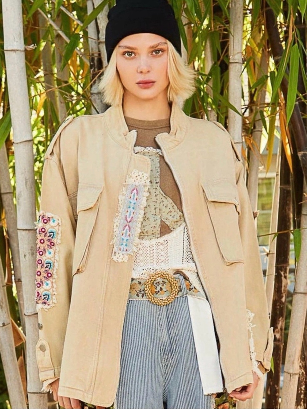 POL Boho Patchwork Beige Lace Embroidered Utility Jacket - Women